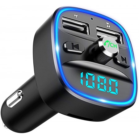 COMSOON Bluetooth FM Transmitter für Auto, Blaue Umgebende Leuchte Drahtloser Radio Kfz-Empfänger Adapter mit Freisprecheinrichtung, Dual USB Ladegerät
